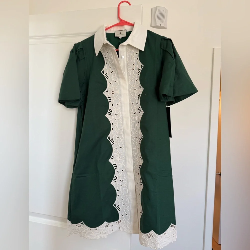 Dark Green Eyelet Trim Cotton Linen Delilah Dress - Picture 2 of 7